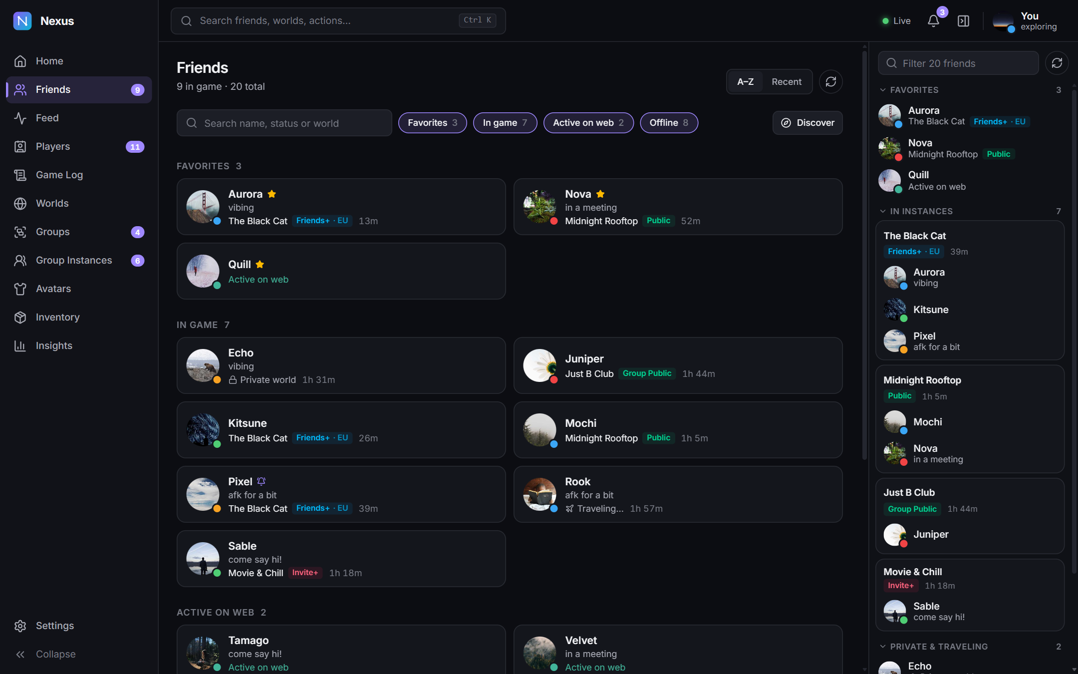 Friends page with favourites, friends in game and on the web