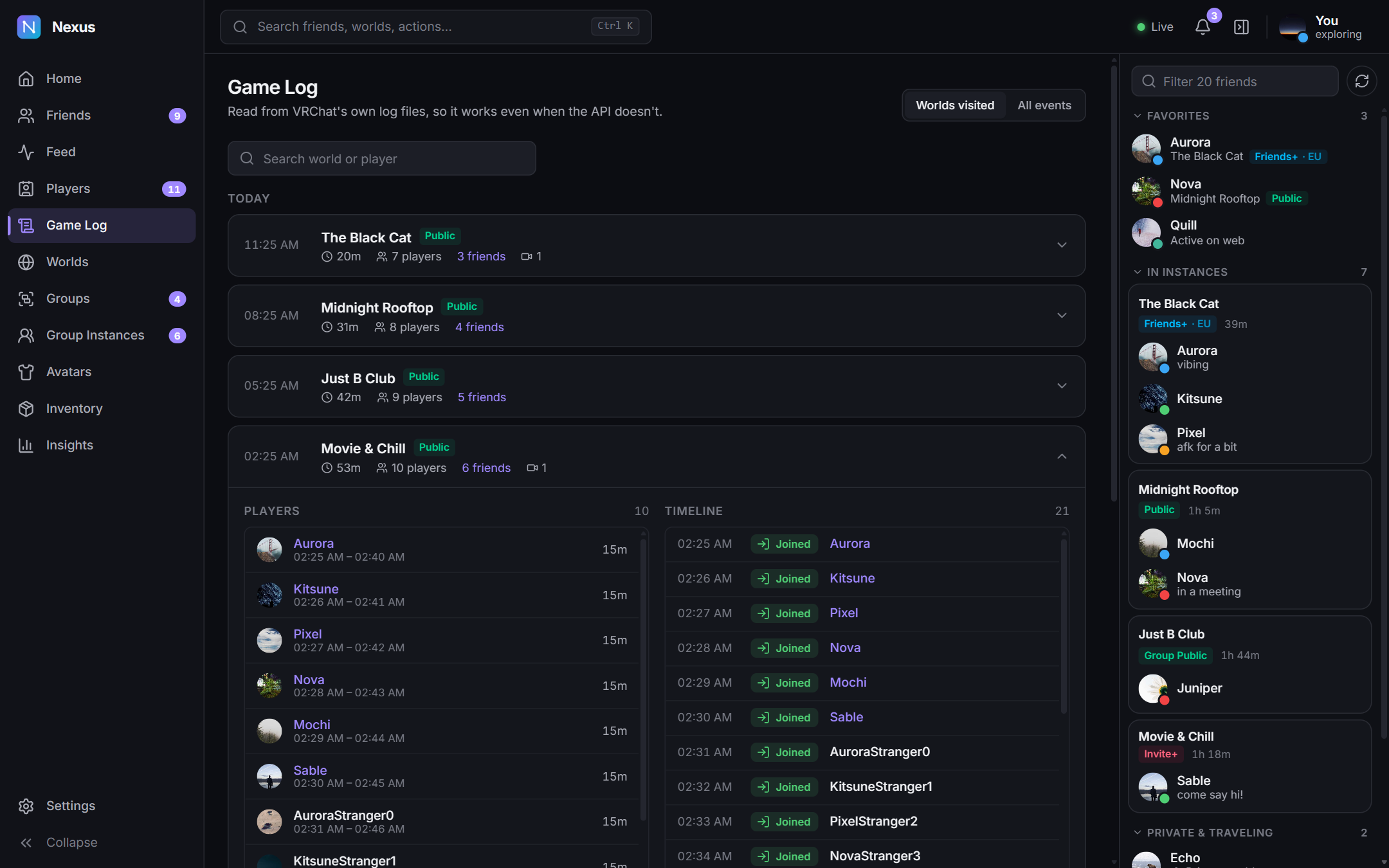 Game Log session with its player list and timeline