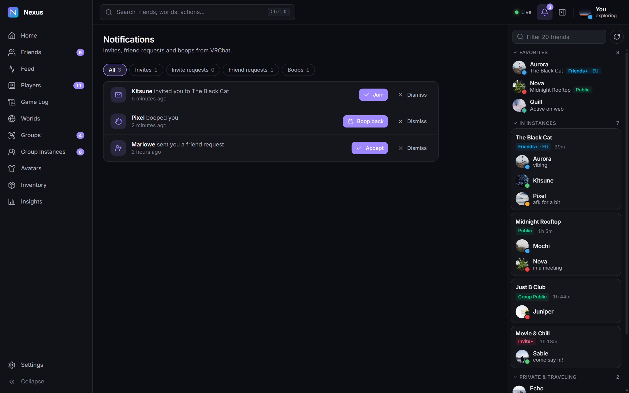 Notifications filtered by type with Join, Boop back and Accept