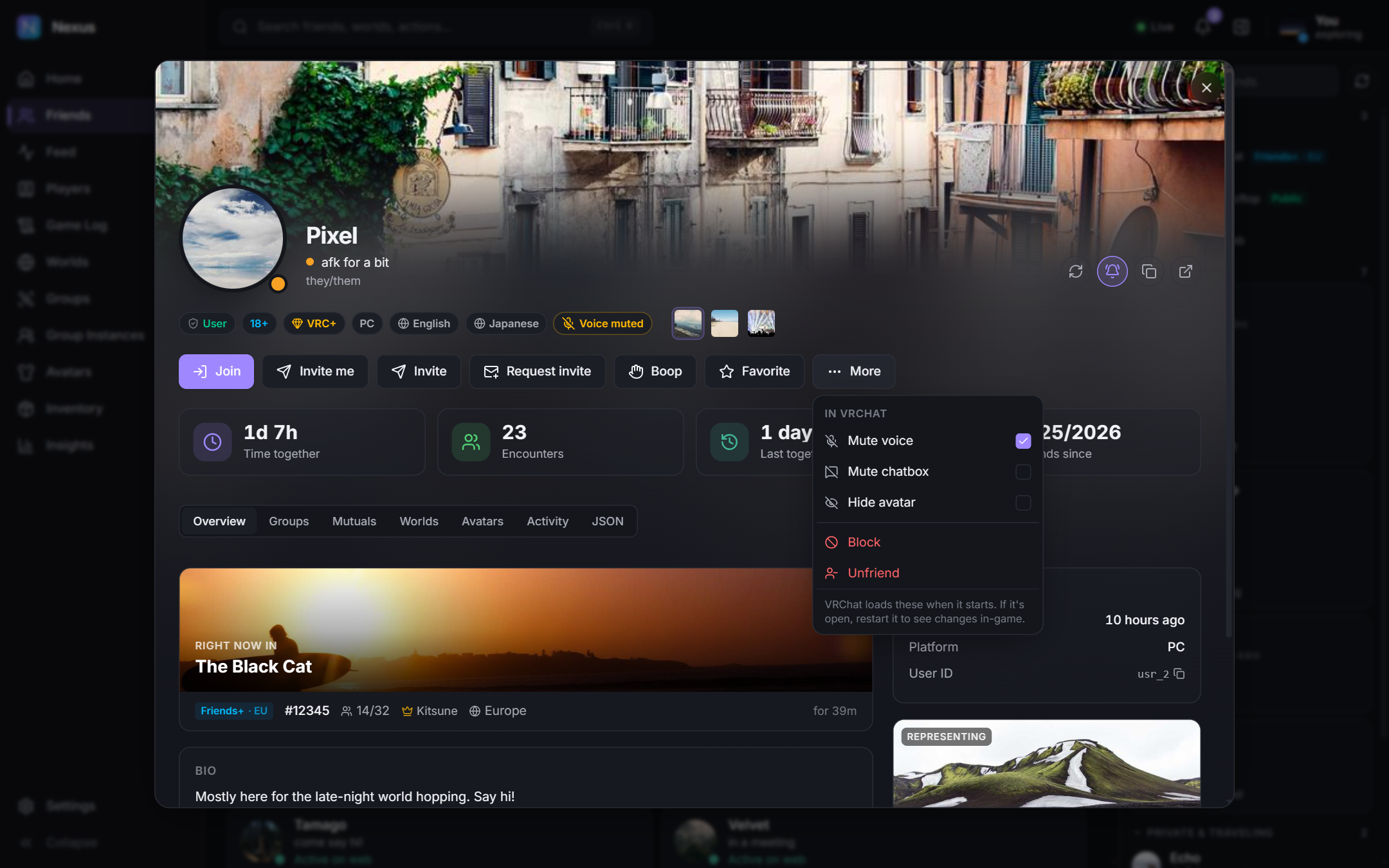 A profile with its banner and the More menu open
