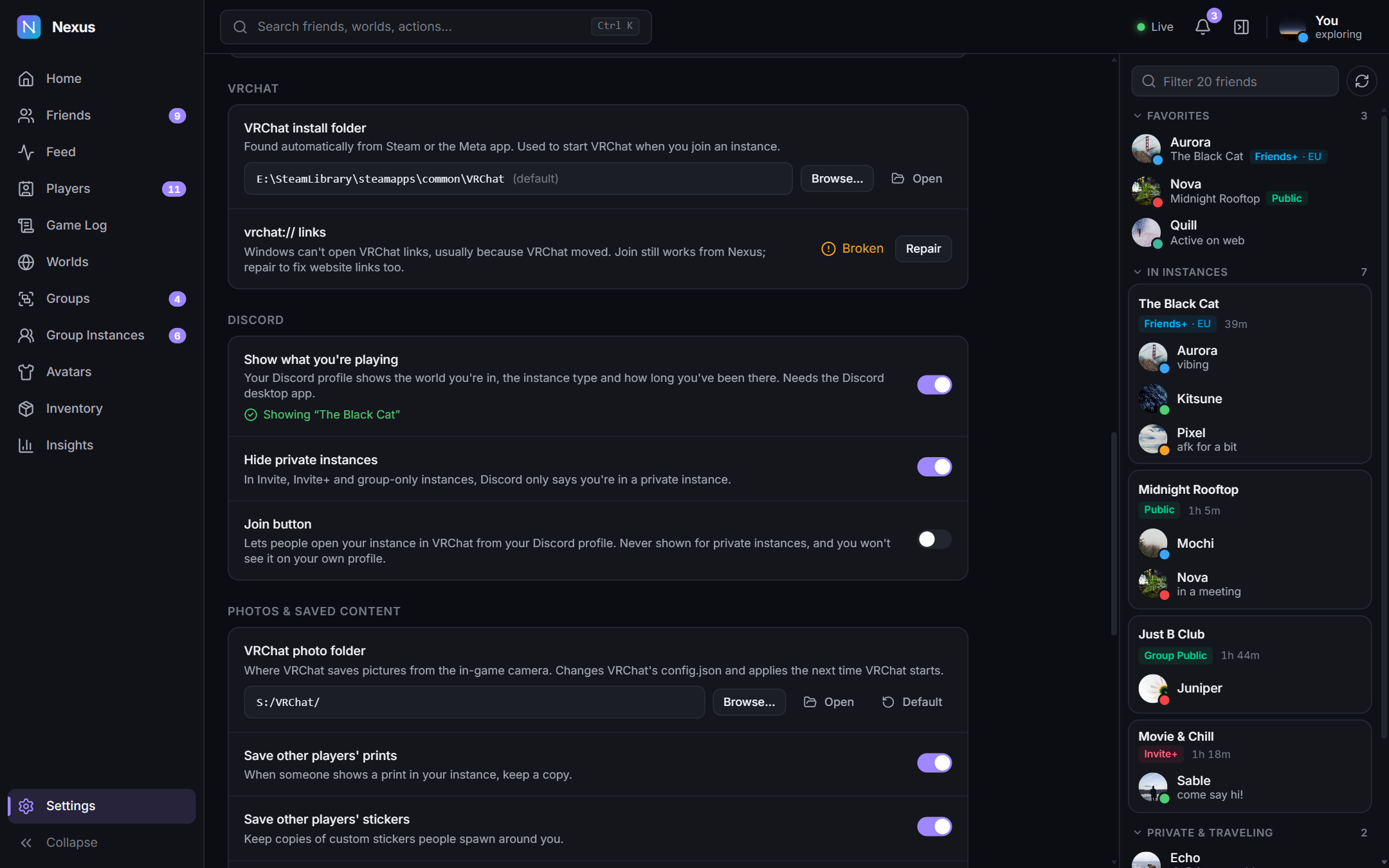 Settings for the VRChat install, Discord status and saved prints